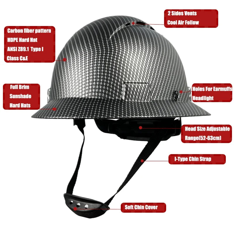 Full Brim Hard Hat - ANSI Approved HDPE Safety Helmet, Adjustable